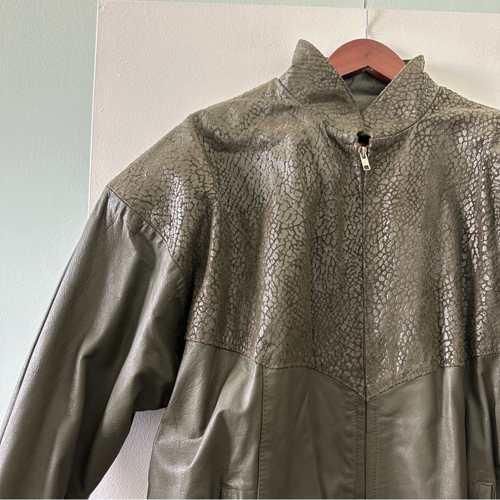 Vintage Dark Olive Green Genuine Leather Textured Bomber Jacket